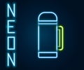 Glowing neon line Thermos container icon isolated on black background. Thermo flask icon. Camping and hiking equipment Royalty Free Stock Photo