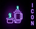 Glowing neon line Thermos container icon isolated on black background. Thermo flask icon. Camping and hiking equipment Royalty Free Stock Photo