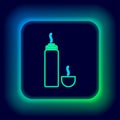 Glowing neon line Thermos container icon isolated on black background. Thermo flask icon. Camping and hiking equipment Royalty Free Stock Photo