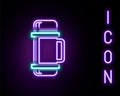 Glowing neon line Thermos container icon isolated on black background. Thermo flask icon. Camping and hiking equipment Royalty Free Stock Photo