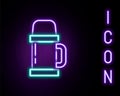 Glowing neon line Thermos container icon isolated on black background. Thermo flask icon. Camping and hiking equipment Royalty Free Stock Photo