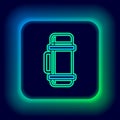 Glowing neon line Thermos container icon isolated on black background. Thermo flask icon. Camping and hiking equipment Royalty Free Stock Photo