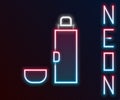 Glowing neon line Thermos container icon isolated on black background. Thermo flask icon. Camping and hiking equipment