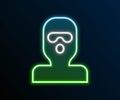 Glowing neon line Thief mask icon isolated on black background. Bandit mask, criminal man. Colorful outline concept