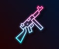 Glowing neon line Thompson tommy submachine gun icon isolated on black background. American submachine gun. Vector