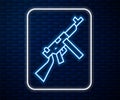 Glowing neon line Thompson tommy submachine gun icon isolated on brick wall background. American submachine gun. Vector