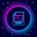 Glowing neon line TIFF file document. Download tiff button icon isolated on black background. TIFF file symbol. Colorful