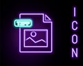 Glowing neon line TIFF file document. Download tiff button icon isolated on black background. TIFF file symbol. Colorful