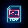 Glowing neon line TIFF file document. Download tiff button icon isolated on brick wall background. TIFF file symbol