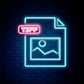 Glowing neon line TIFF file document. Download tiff button icon isolated on brick wall background. TIFF file symbol