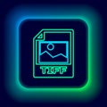 Glowing neon line TIFF file document. Download tiff button icon isolated on black background. TIFF file symbol. Colorful