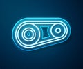 Glowing neon line Timing belt kit icon isolated on blue background. Vector Illustration