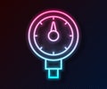 Glowing neon line Tire pressure gauge icon isolated on black background. Checking tire pressure. Gauge, manometer. Car
