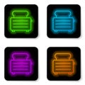 Glowing neon line Toaster with toasts icon isolated on white background. Black square button. Vector Illustration