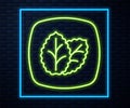 Glowing neon line Tobacco leaf icon isolated on brick wall background. Tobacco leaves. Vector