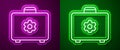 Glowing neon line Toolbox icon isolated on purple and green background. Tool box sign. Vector Illustration