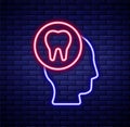 Glowing neon line Toothache icon isolated on brick wall background. Colorful outline concept. Vector