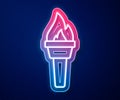 Glowing neon line Torch flame icon isolated on blue background. Symbol fire hot, flame power, flaming and heat. Vector