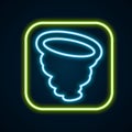 Glowing neon line Tornado icon isolated on black background. Cyclone, whirlwind, storm funnel, hurricane wind or twister Royalty Free Stock Photo
