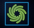 Glowing neon line Tornado icon isolated on brick wall background. Cyclone, whirlwind, storm funnel, hurricane wind or Royalty Free Stock Photo