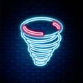 Glowing neon line Tornado icon isolated on brick wall background. Cyclone, whirlwind, storm funnel, hurricane wind or Royalty Free Stock Photo