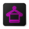 Glowing neon line Towel on a hanger icon isolated on white background. Bathroom towel icon. Black square button. Vector