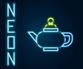 Glowing neon line Traditional Chinese tea ceremony icon isolated on black background. Teapot with cup. Colorful outline Royalty Free Stock Photo