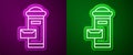 Glowing neon line Traditional London mail box icon isolated on purple and green background. England mailbox icon. Mail