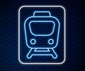 Glowing neon line Train icon isolated on brick wall background. Public transportation symbol. Subway train transport Royalty Free Stock Photo