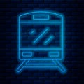 Glowing neon line Train icon isolated on brick wall background. Public transportation symbol. Subway train transport Royalty Free Stock Photo