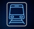 Glowing neon line Train and railway icon isolated on brick wall background. Public transportation symbol. Subway train Royalty Free Stock Photo