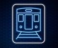 Glowing neon line Train and railway icon isolated on brick wall background. Public transportation symbol. Subway train Royalty Free Stock Photo