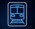 Glowing neon line Train and railway icon isolated on brick wall background. Public transportation symbol. Subway train Royalty Free Stock Photo