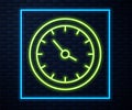 Glowing neon line Train station clock icon isolated on brick wall background. Vector Royalty Free Stock Photo