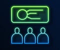Glowing neon line Training, presentation icon isolated on blue background. Vector Illustration Royalty Free Stock Photo