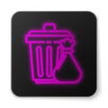 Glowing neon line Trash can and garbage bag icon isolated on white background. Garbage bin sign. Recycle basket icon
