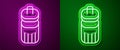 Glowing neon line Trash can icon isolated on purple and green background. Garbage bin sign. Recycle basket icon. Office Royalty Free Stock Photo