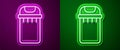 Glowing neon line Trash can icon isolated on purple and green background. Garbage bin sign. Recycle basket icon. Office Royalty Free Stock Photo