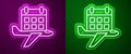Glowing neon line Travel planning calendar and airplane icon isolated on purple and green background. A planned holiday
