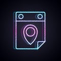 Glowing neon line Travel planning calendar icon isolated on black background. A planned holiday trip. Vector