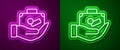 Glowing neon line Travel suitcase in hand icon isolated on purple and green background. Traveling baggage insurance Royalty Free Stock Photo