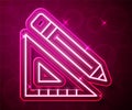 Glowing neon line Triangular ruler and pencil icon isolated on red background. Straightedge symbol. Drawing and Royalty Free Stock Photo