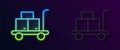 Glowing neon line Trolley suitcase icon isolated on black background. Traveling baggage sign. Travel luggage icon