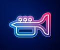 Glowing neon line Trumpet icon isolated on blue background. Musical instrument trumpet. Vector