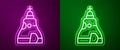 Glowing neon line The Tsar bell in Moscow monument icon isolated on purple and green background. Vector