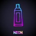 Glowing neon line Tube with paint palette icon isolated on black background. Vector