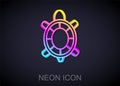 Glowing neon line Turtle icon isolated on black background. Vector
