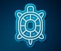 Glowing neon line Turtle icon isolated on blue background. Vector