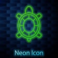 Glowing neon line Turtle icon isolated on brick wall background. Vector