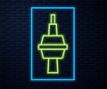 Glowing neon line TV CN Tower in Toronto icon isolated on brick wall background. Famous world landmarks icon concept